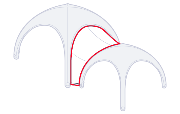 Two white curved roof-like arches, with a red outlined section between them