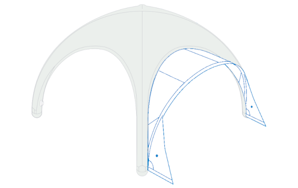 Transparent curved canopy with blue outline drawings of folded supports on a white background
