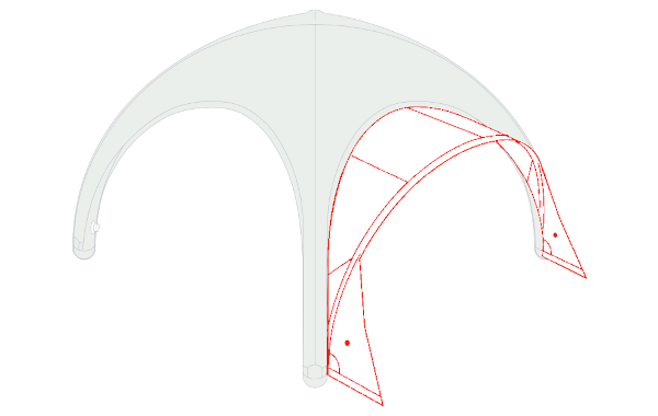 Two translucent umbrella-like canopy structures, one pale green and one outlined in pink.