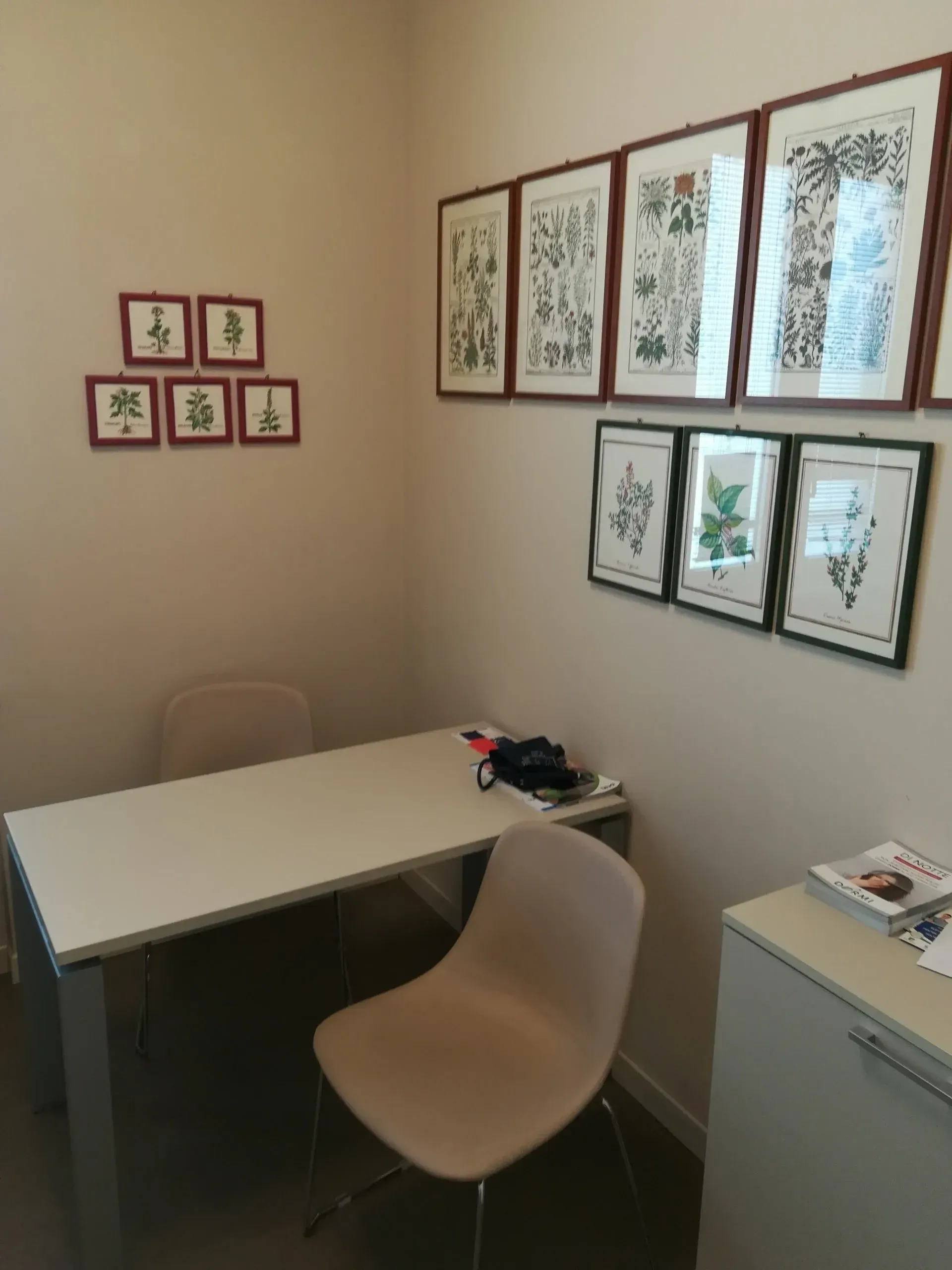 Piccolo ufficio con una scrivania, due sedie, stampe botaniche incorniciate alla parete e un armadietto.