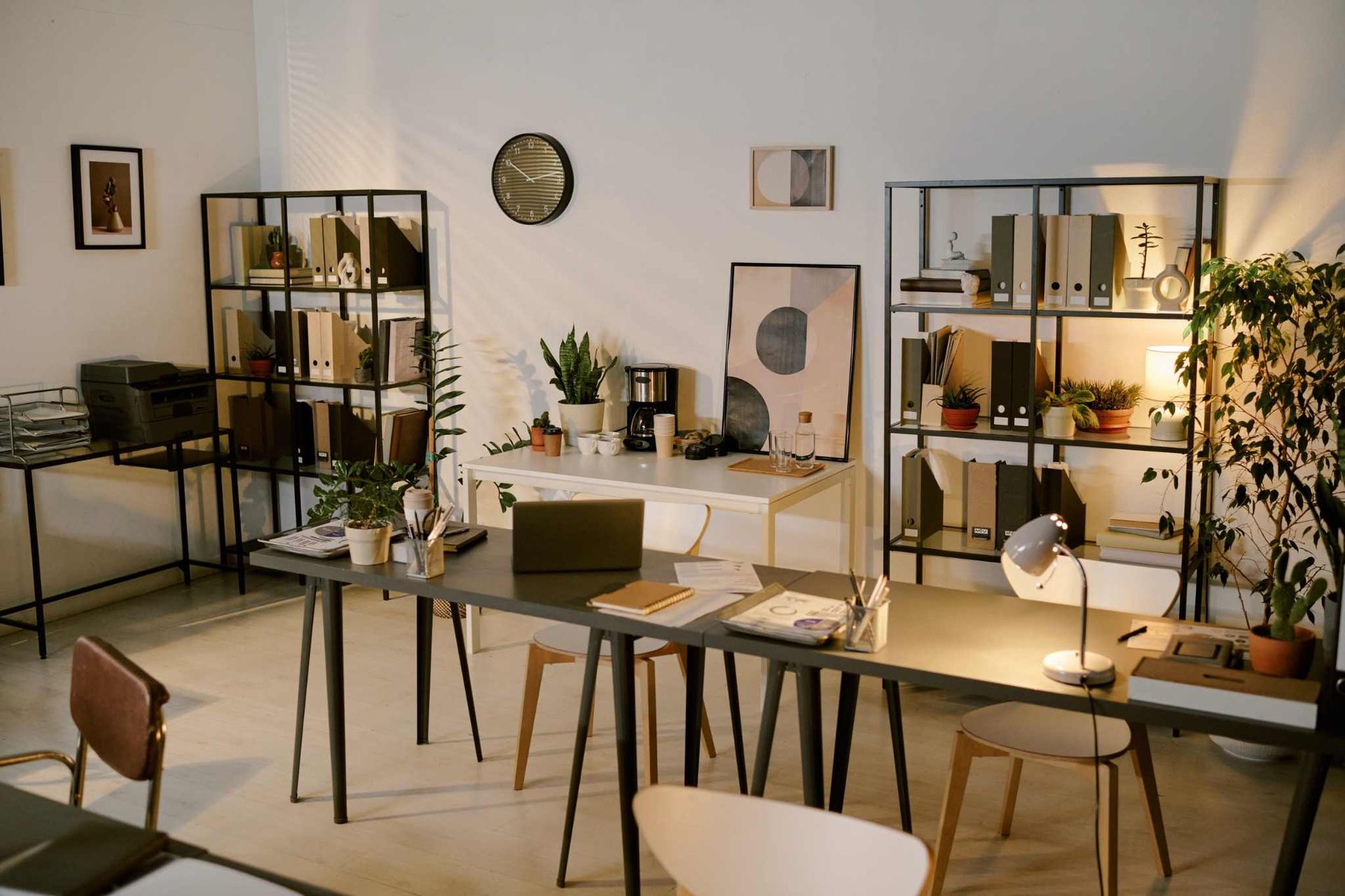Oficina moderna con escritorios, sillas, plantas y estanterías en un espacio de trabajo luminoso y minimalista.