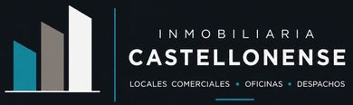 Logo de Inmobiliaria Castellonense con tres edificios estilizados en azul, beige y blanco sobre fondo negro.