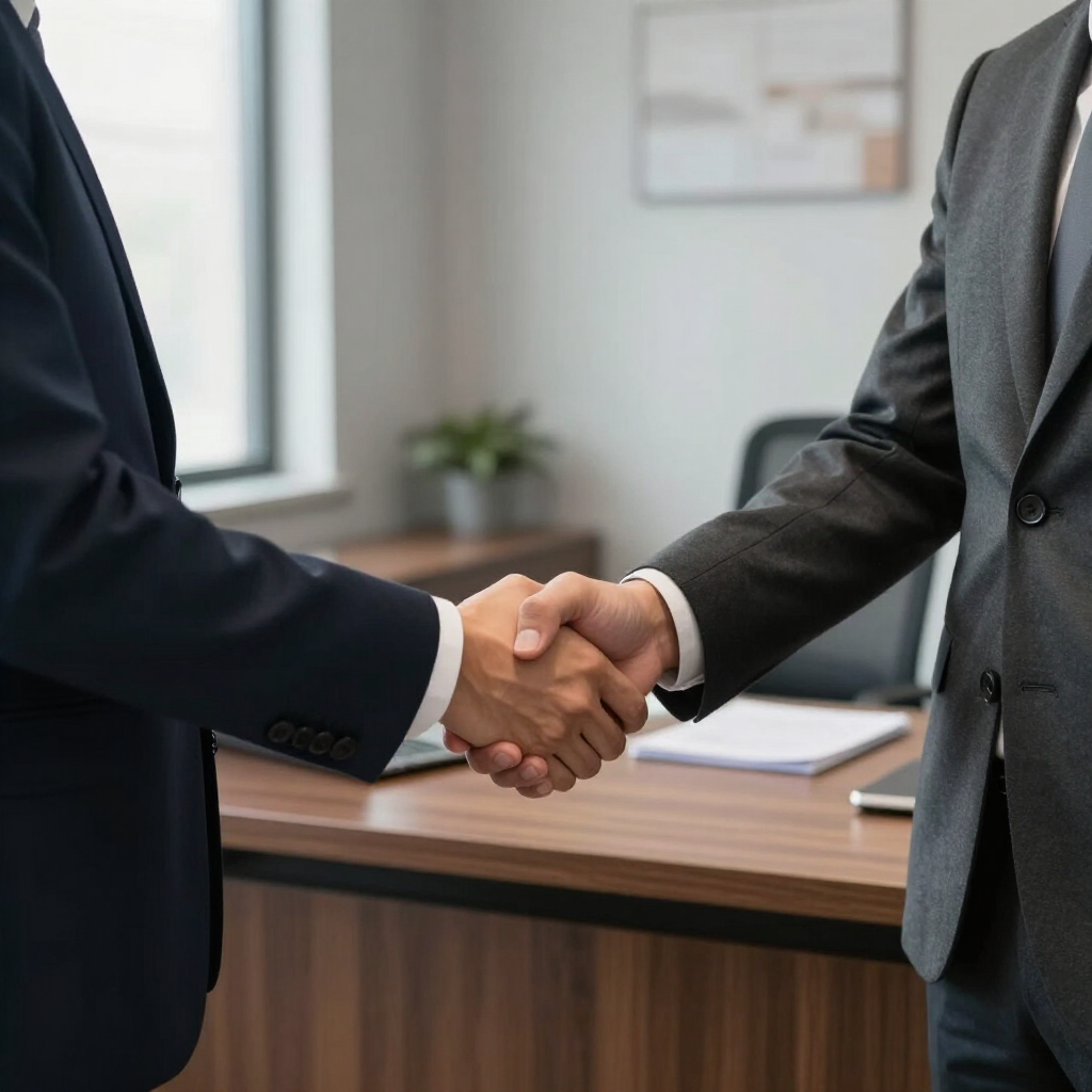 Dos empresarios dándose la mano por encima de un escritorio en una oficina.