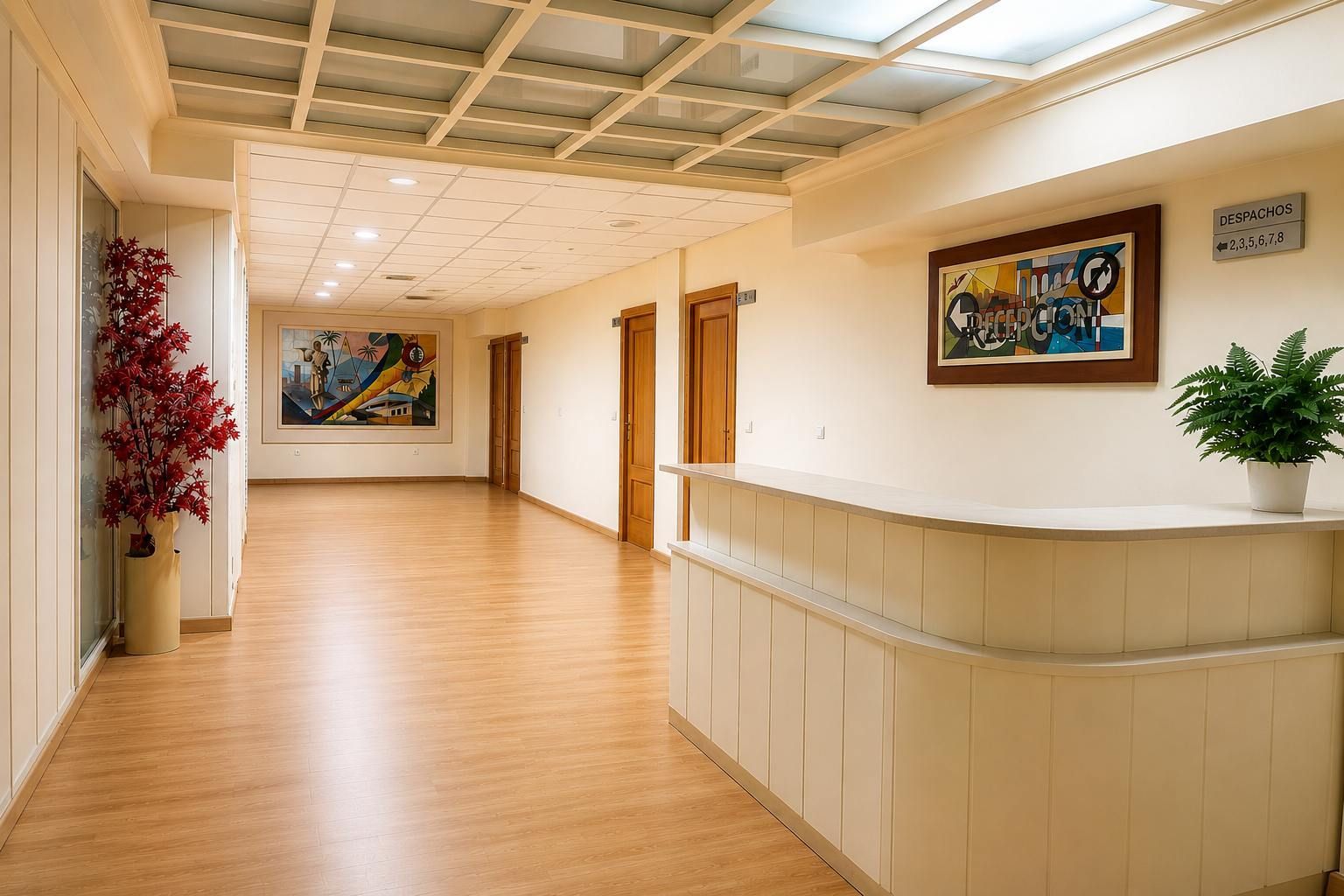 Pasillo vacío con suelos de madera, paredes beige, mostrador de recepción y cuadros enmarcados.