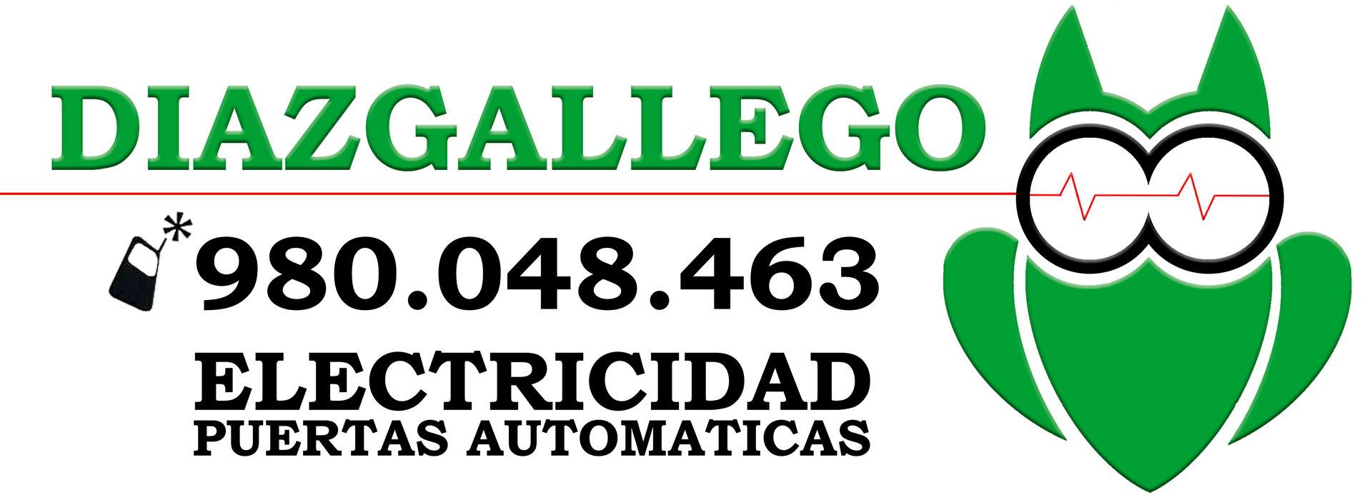 Logotipo de DIAZGALLEGO Technology con texto verde y un icono de búho verde con gafas