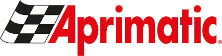 Logotipo de ApriMatic con texto rojo y un icono de bandera a cuadros en blanco y negro