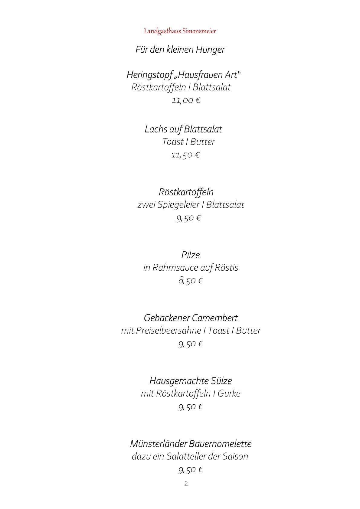 Speisekarte | Landgasthaus Simonsmeier | Nordkirchen