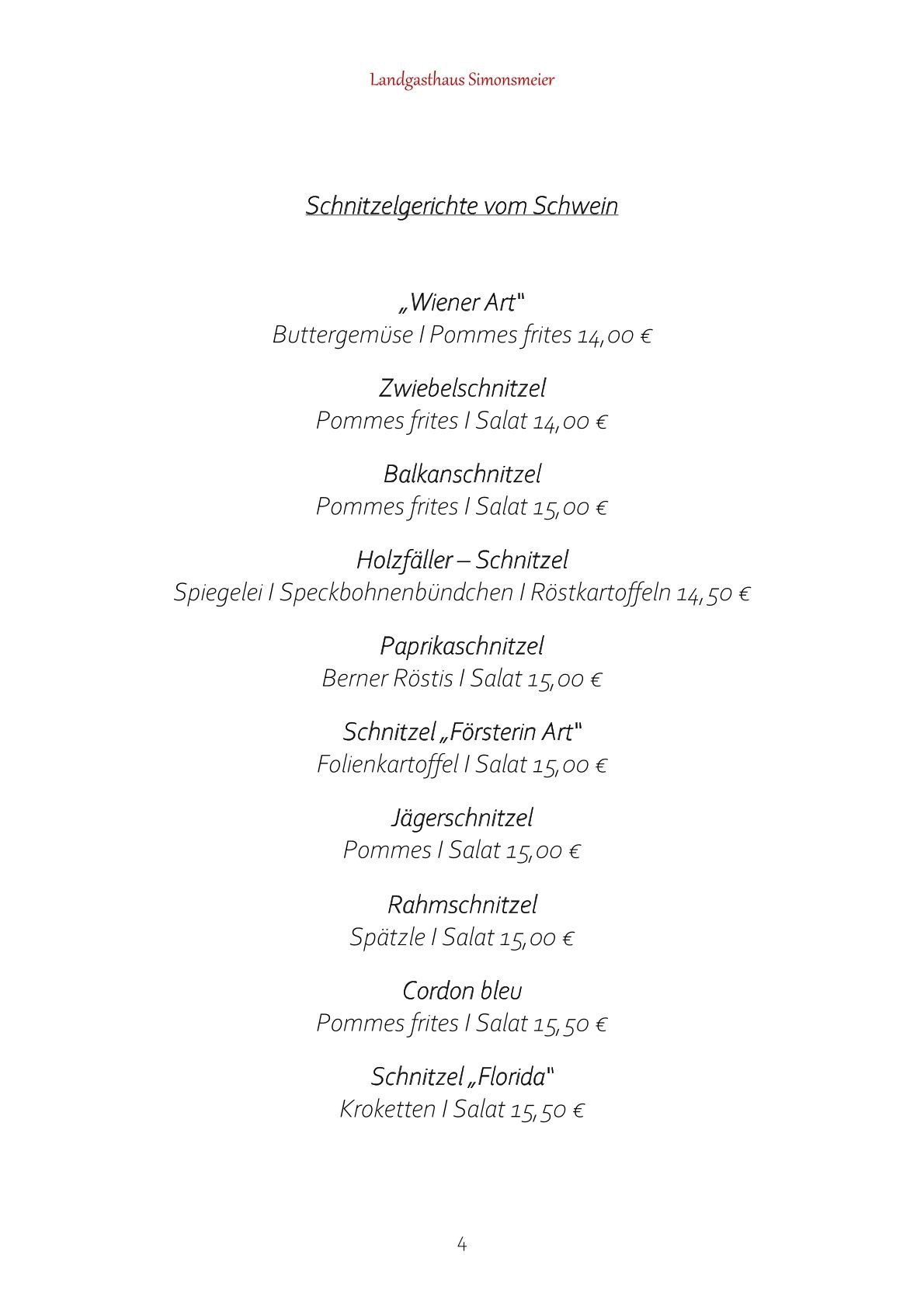 Speisekarte | Landgasthaus Simonsmeier | Nordkirchen