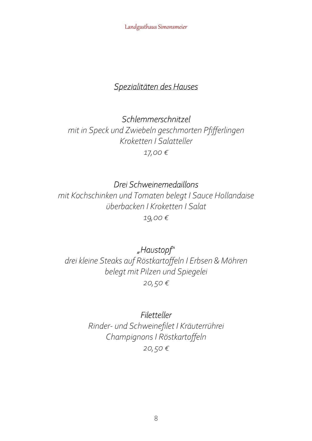 Speisekarte | Landgasthaus Simonsmeier | Nordkirchen