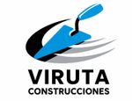 Logotipo de Viruta Construcciones con icono de paleta azul y negra y franjas grises.