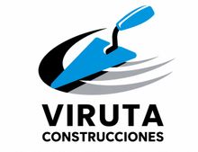 Logotipo de Viruta Construcciones con icono de paleta azul y negra y franjas grises.