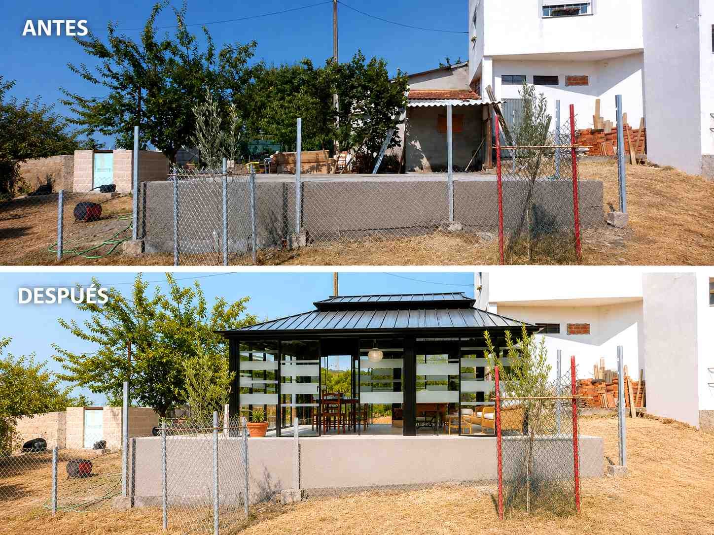 Vista de la fachada de una casa antes y después, con un patio cercado y un techo nuevo en la terraza.