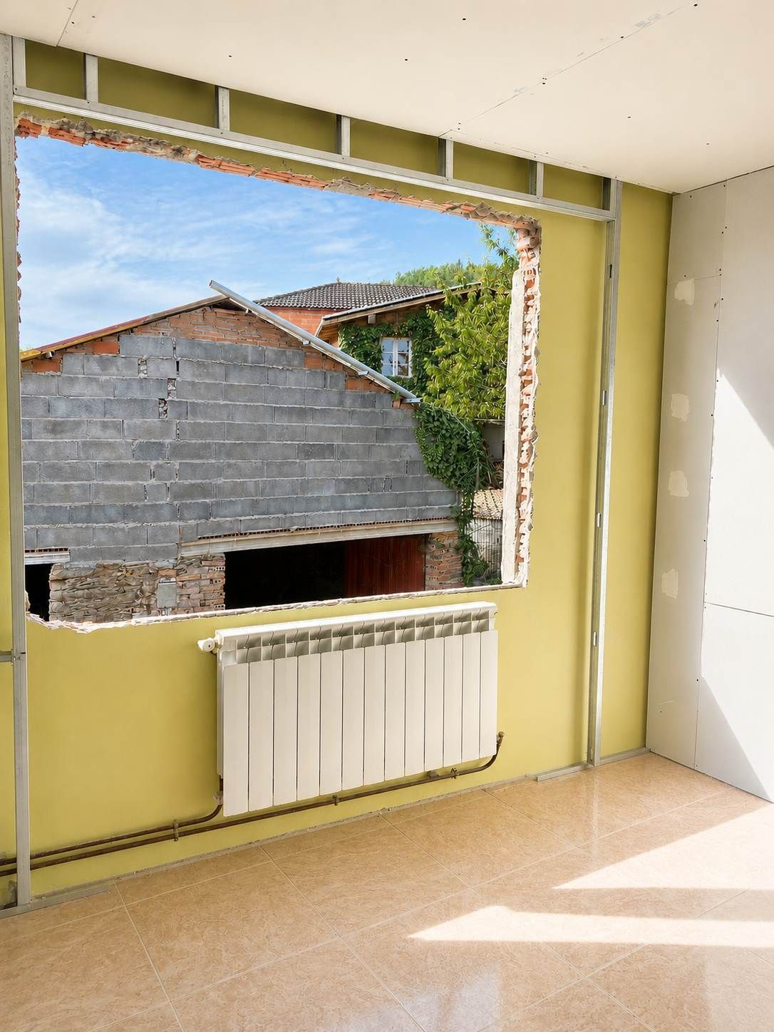 Habitación vacía con una gran ventana, paredes amarillas, radiador y vistas al edificio vecino.