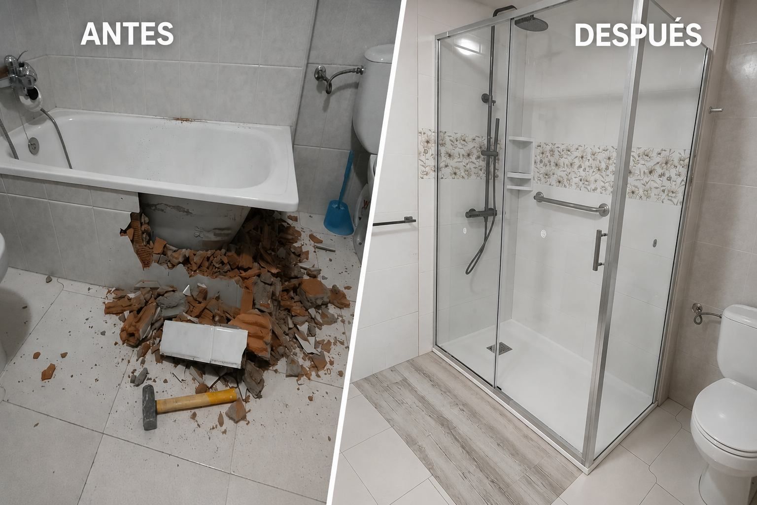Baño: “ANTES” con suelo roto y escombros; “DESPUÉS” con ducha de vidrio renovada.