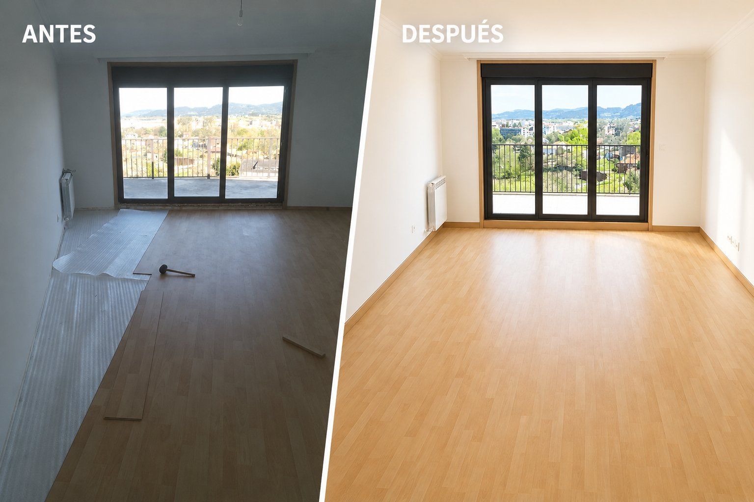 Antes y después de la reforma de una habitación luminosa con suelo de madera y grandes ventanales.