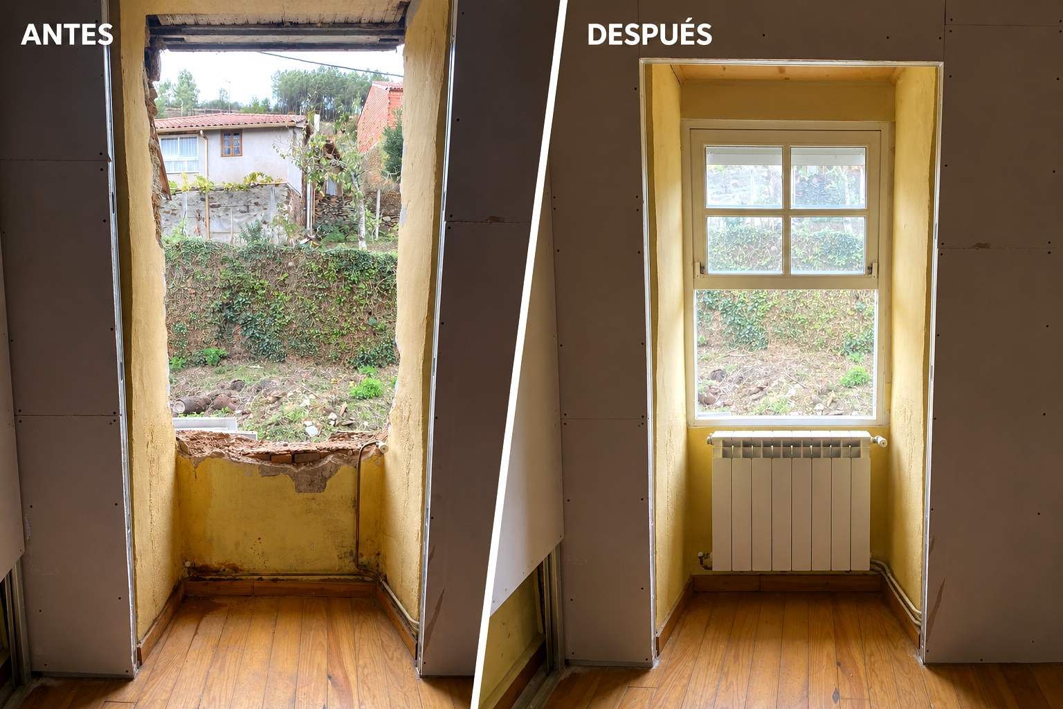 Vista del antes y el después de un hueco de ventana renovado, en el que se sustituyó una abertura dañada por una ventana.