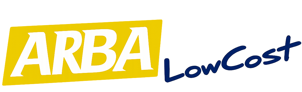 Logotipo de ARBA LowCost en texto cursiva amarillo y azul