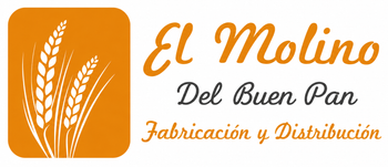 Logo de panadería “El Molino del Buen Pan” con espiga blanca en fondo naranja y texto dorado/naranja.