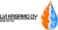 LVI Kasamo Oy logo with text and phone number, featuring a stylized flame and water droplet in orange and blue.