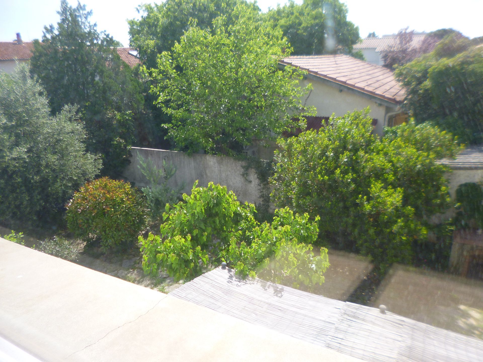 Vue sur un jardin depuis la fenêtre d'une maison