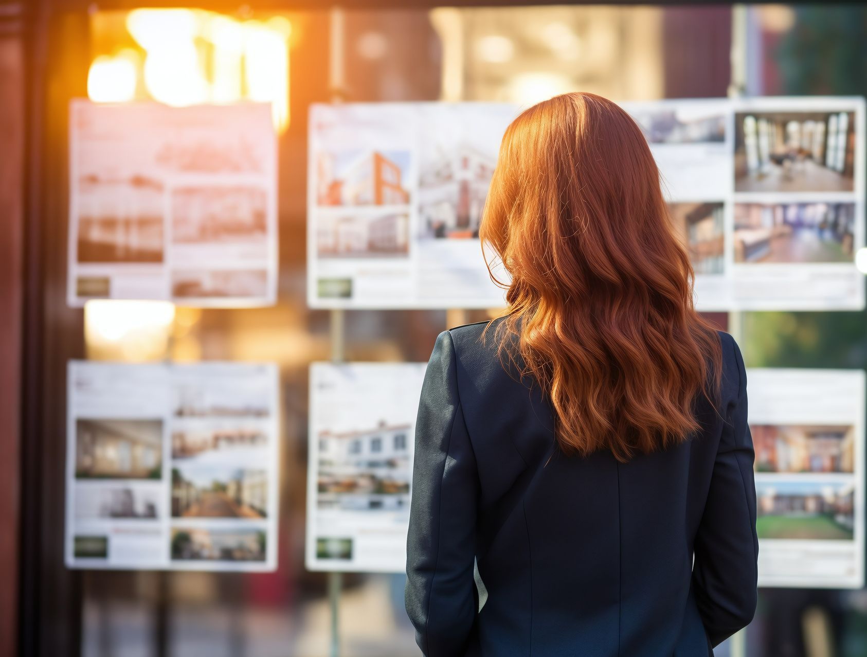 Une femme de dos devant des annonces immobilières