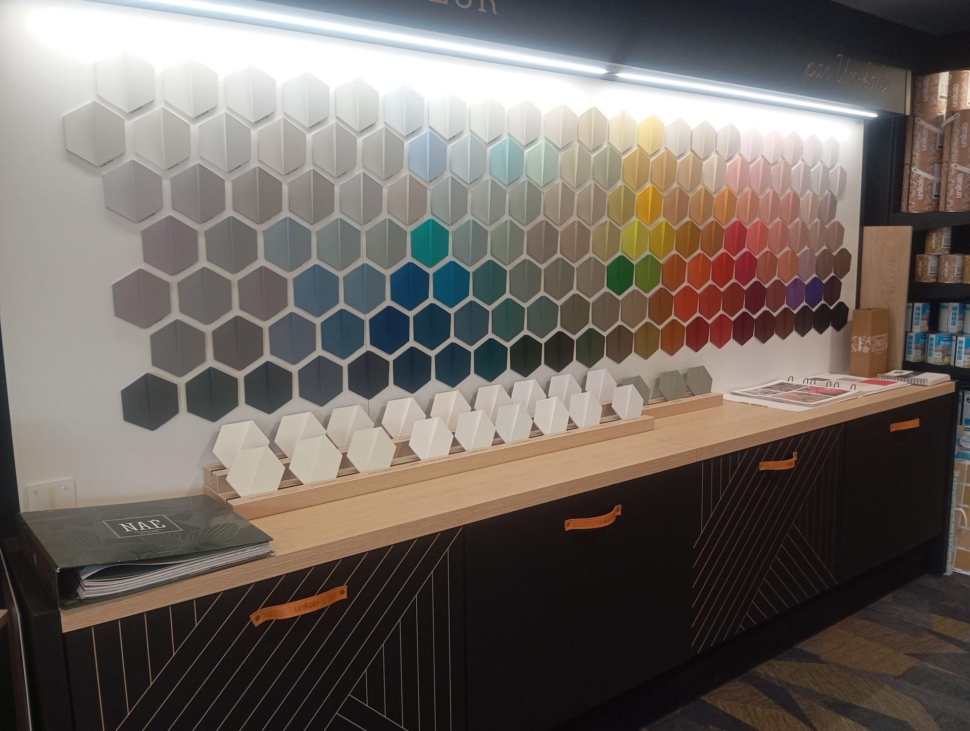 Présentoir de peinture avec des échantillons de couleurs de forme hexagonale.