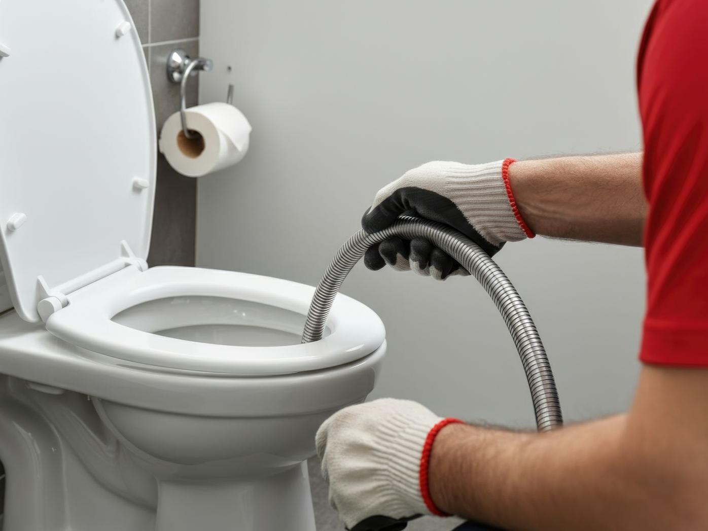 Plombier utilisant un furet pour déboucher des toilettes. Gants blancs et chemise rouge visibles. Salle de bains.
