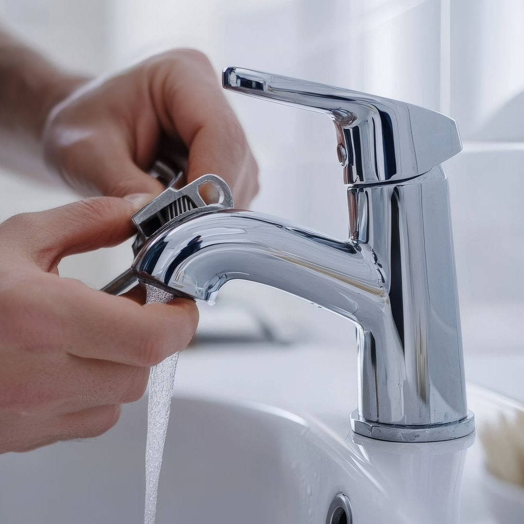 Des mains utilisent un outil pour réparer un robinet chromé au-dessus d'un évier blanc. L'eau coule.