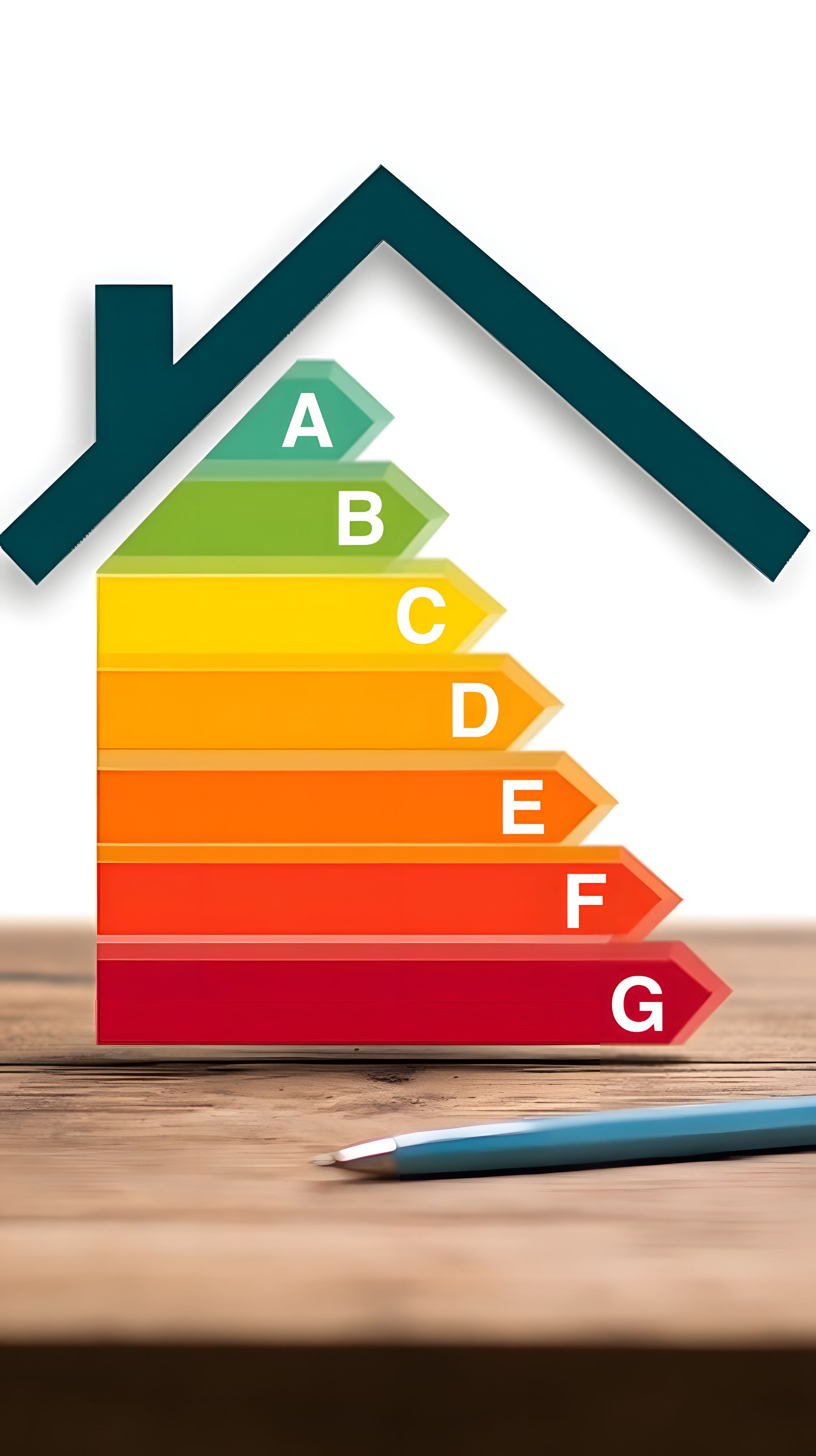 Échelle d'évaluation de l'efficacité énergétique en forme de maison, avec un crayon sur du bois.