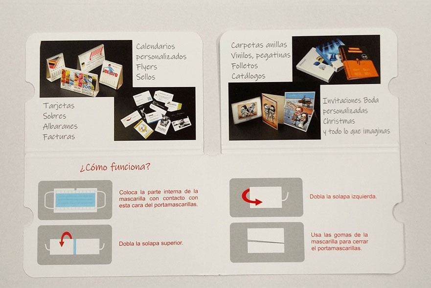Una tarjeta con la imagen de una máscara e instrucciones sobre cómo usarla.
