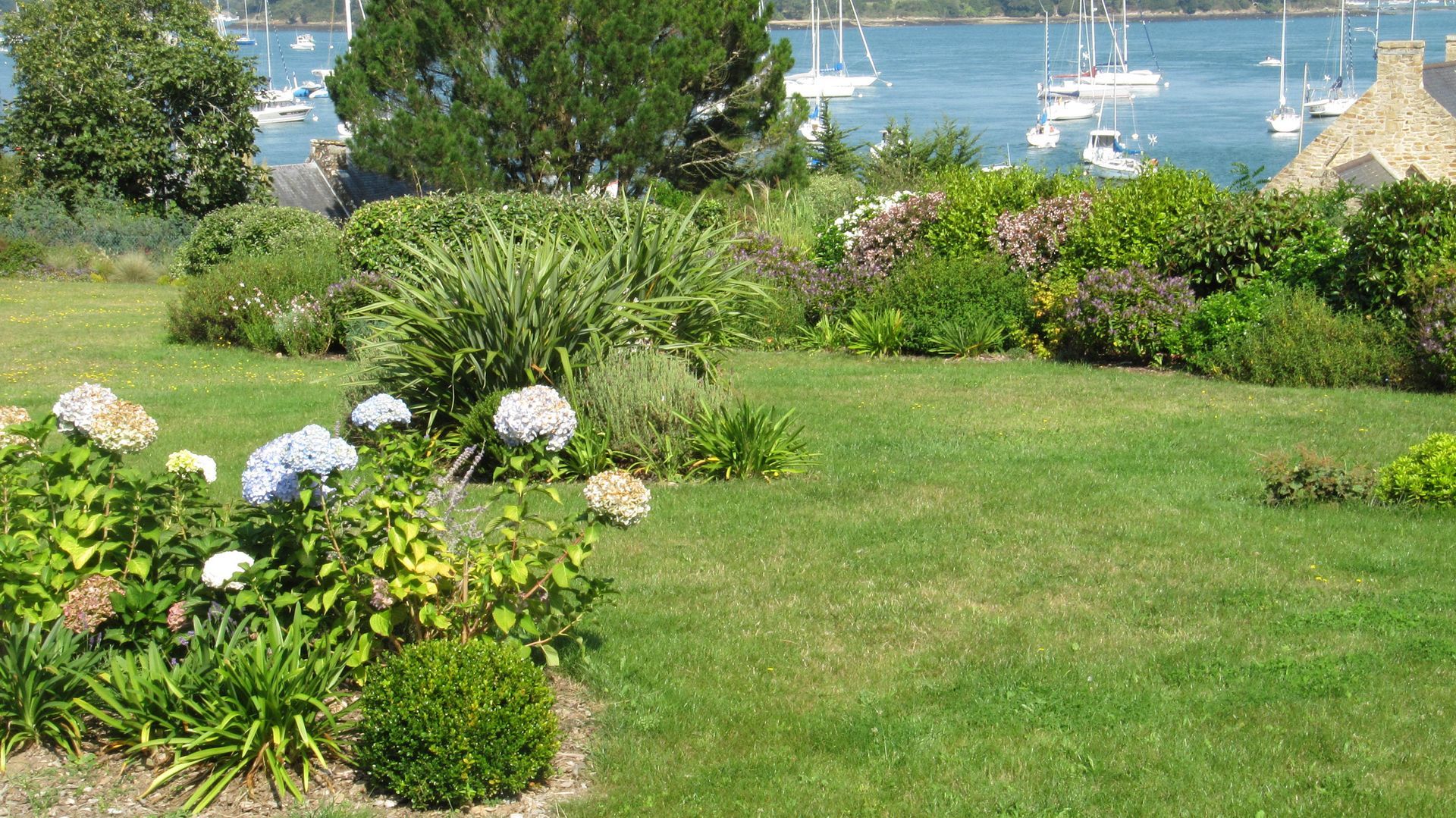 Jardin breton avec des hortensias, vue sur le port