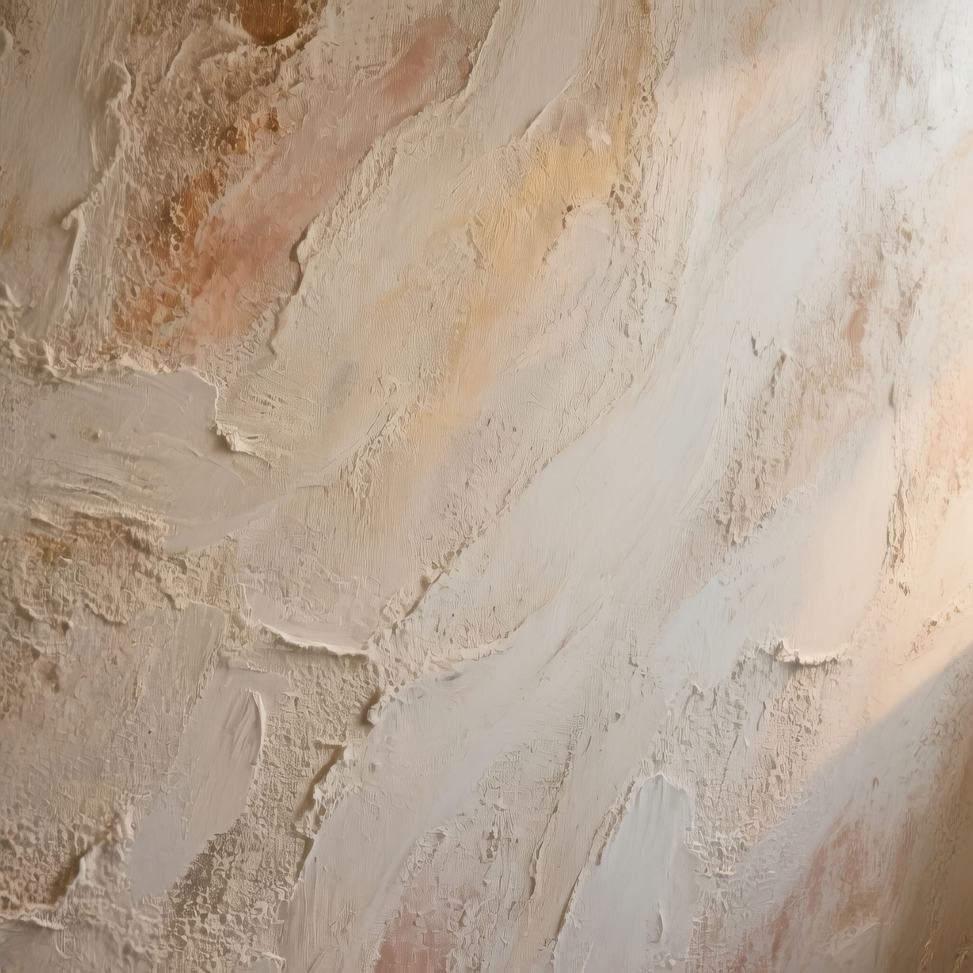 Un mur texturé avec des  coups de plâtre irréguliers blanc cassé et beige chaud, créant un aspect rustique et stratifié.