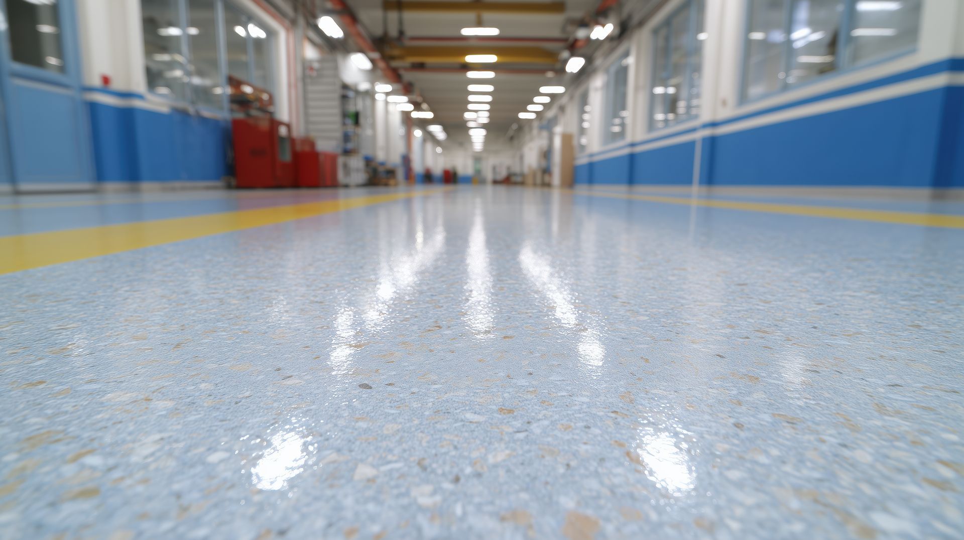 Vue en contre-plongée d'un sol industriel brillant, parsemé de mouchetures bleues, avec des lignes de sécurité jaunes, à l'intérieur d'un long couloir d'usine lumineux.
