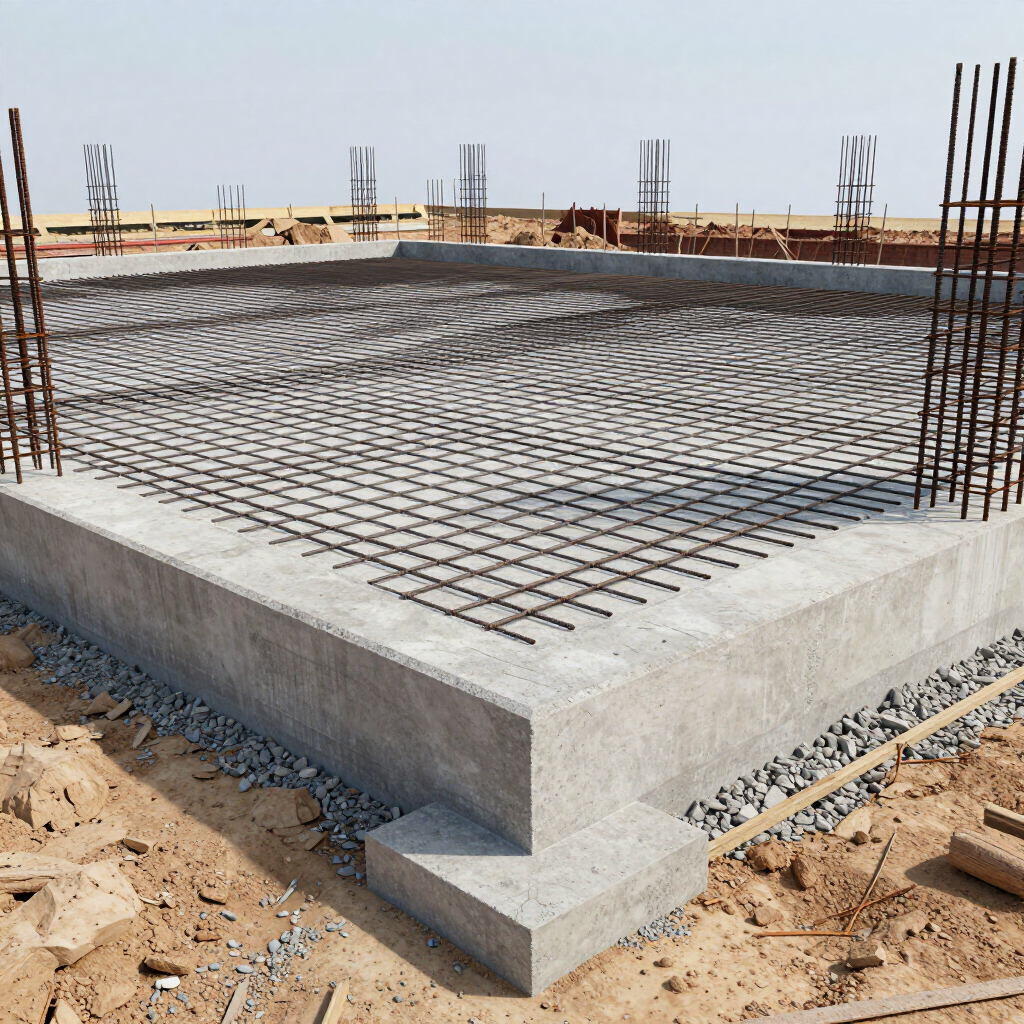 Losa de cimentación de hormigón con rejilla de armadura en una obra de construcción bajo cielo despejado