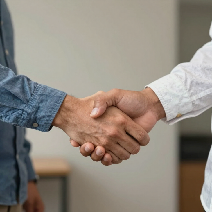 Saludo de manos entre dos personas, una con camisa azul y otra con camisa blanca, en un entorno de oficina.