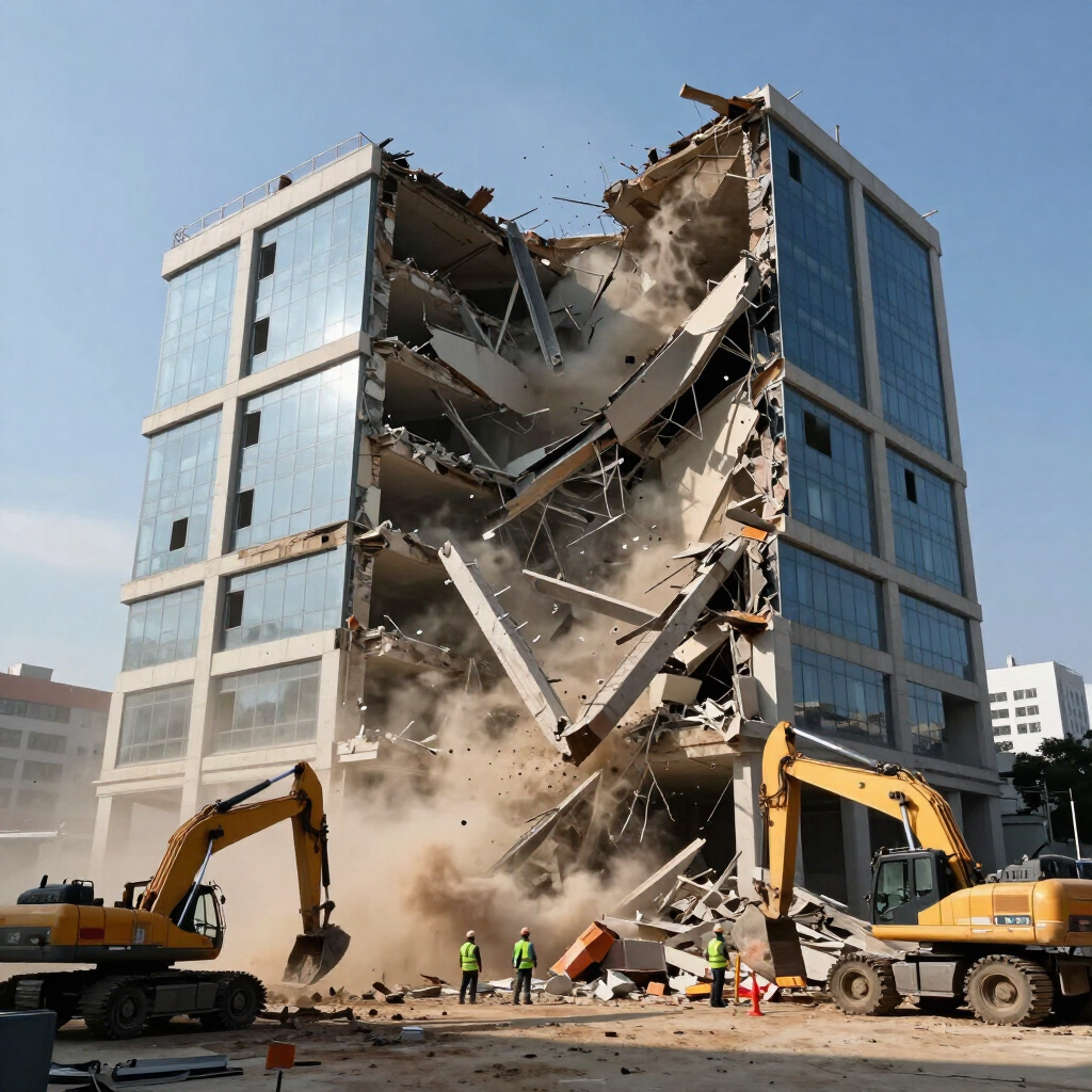 Edificio de oficinas demolido se derrumba en medio del polvo, con excavadoras y trabajadores en la base.