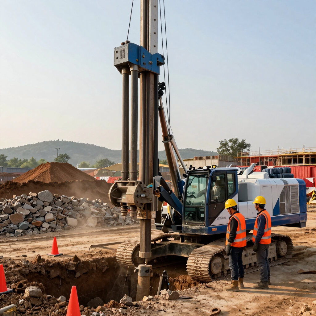 Dos trabajadores con chalecos naranjas inspeccionan una plataforma de perforación en una obra de construcción.