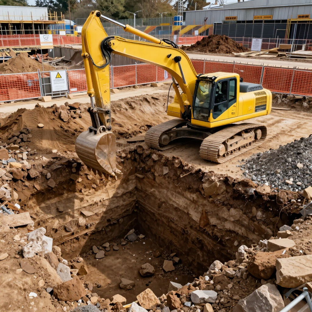 Excavadora amarilla cavando una gran zanja en una obra de construcción con tierra y escombros alrededor.