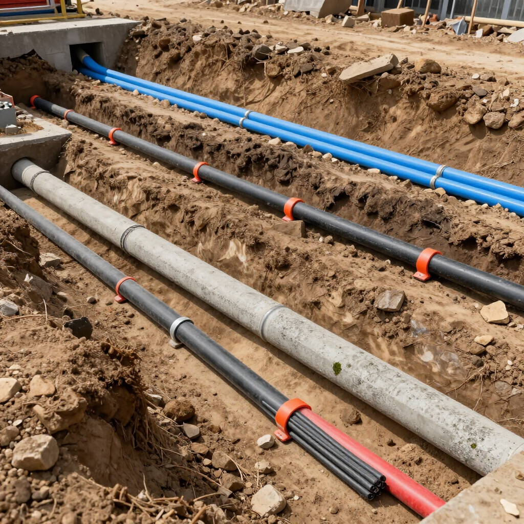 Tuberías de servicios públicos tendidas en una zanja de tierra en una obra de construcción, incluyendo conductos.
