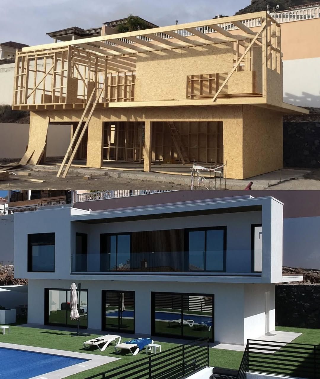Construcción de una casa moderna de dos pisos, que muestra una estructura de madera sin terminar y un exterior blanco terminado con ventanas de vidrio.