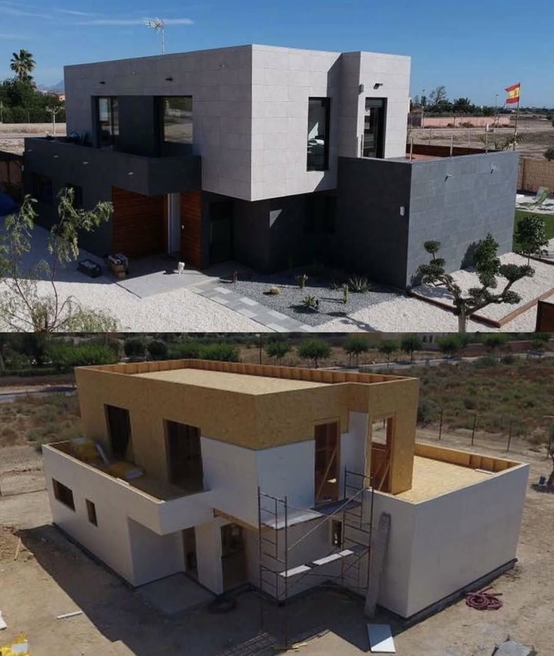 Casa moderna de dos plantas. Imagen superior: exterior terminado, paredes grises y blancas. Imagen inferior: en construcción.