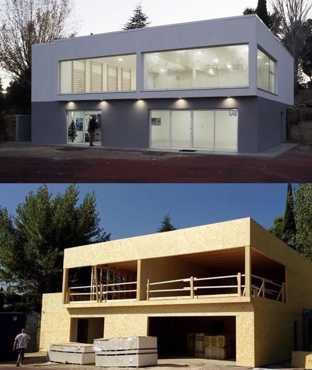 Edificio de dos pisos, parte superior terminada en gris y blanco, parte inferior sin terminar con madera, vista de construcción.