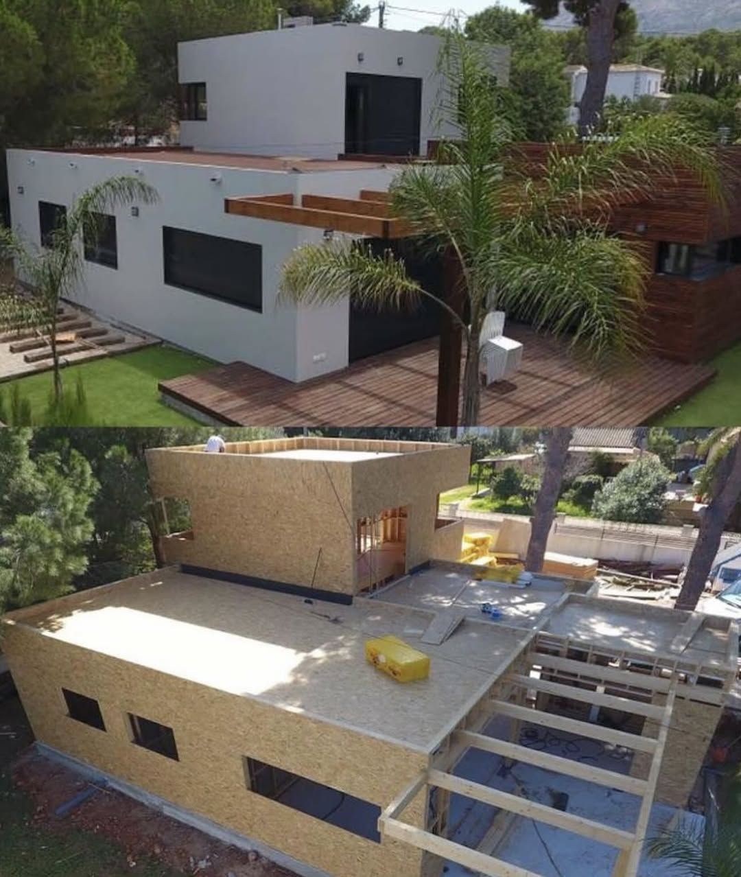 La foto de dos paneles muestra una casa moderna. Un panel: exterior blanco terminado, terraza de madera. El segundo panel: casa en construcción, techo y paredes de OSB.
