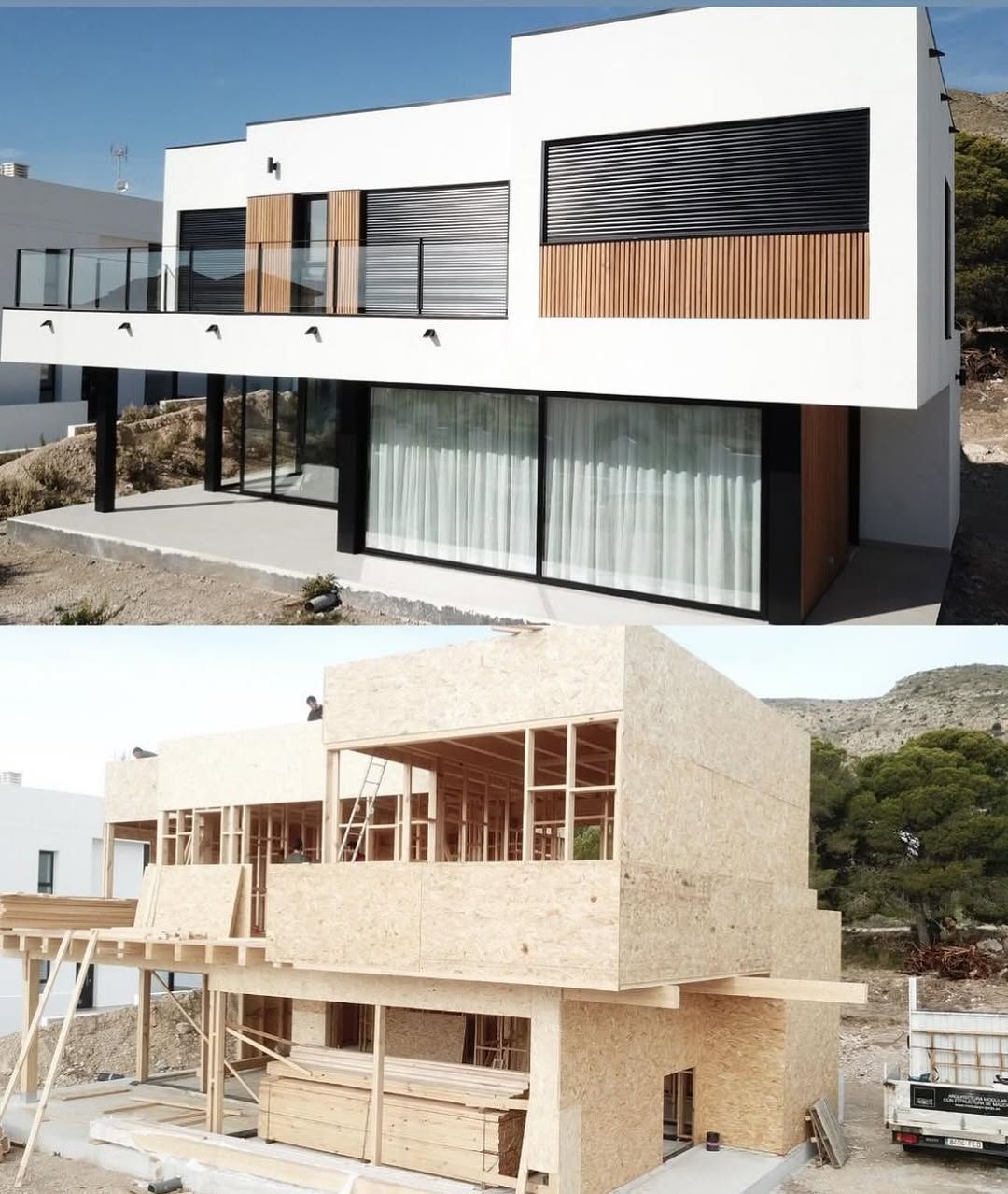 Casa moderna de dos plantas, antes y después de la construcción. Exterior blanco, amplios ventanales y detalles en madera.