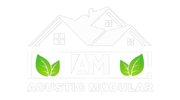 Logotipo para Acustic Modular: contorno blanco de una casa, con hojas verdes y texto 