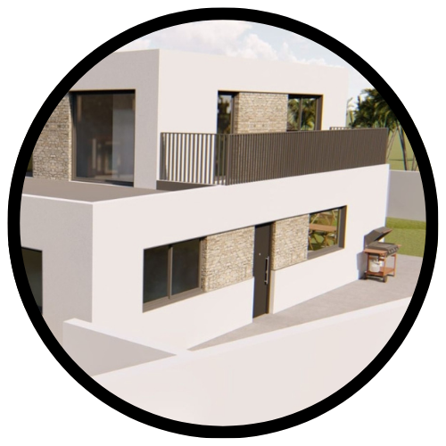 Casa moderna de color blanco y piedra con balcón y ventanas con marco oscuro.