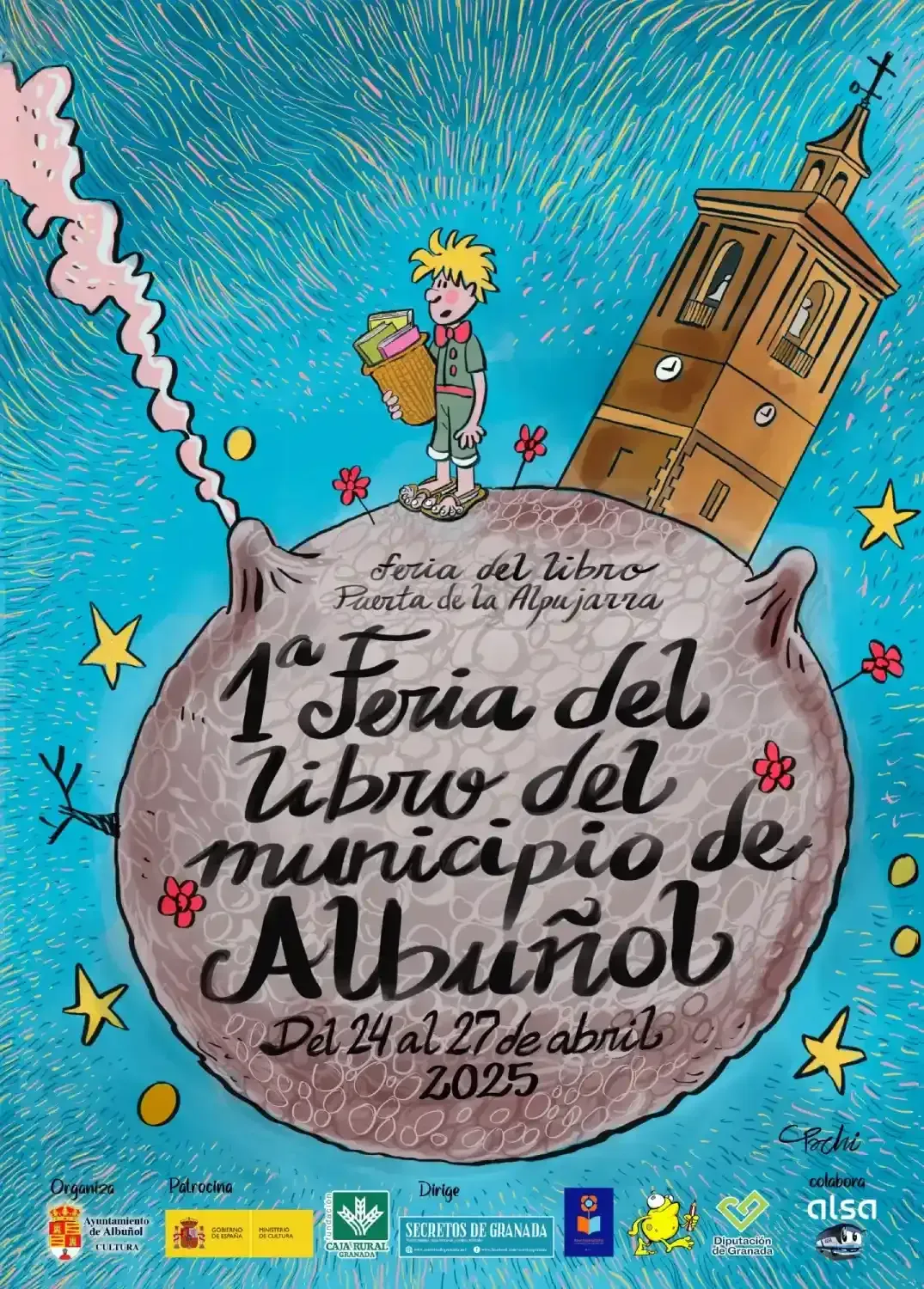 Cartel ilustrado de la 1ª Feria del Libro de Alburchel, 24–27 abril 2025, con torre inclinada y niño leyendo