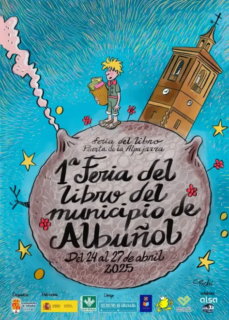 Cartel ilustrado de la 1ª Feria del Libro de Alburchel, 24–27 abril 2025, con torre inclinada y niño leyendo