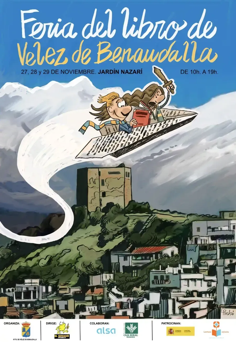 Cartel de la Feria del Libro de Vélez de Benaudalla con figura sobre libro volador y paisaje del pueblo