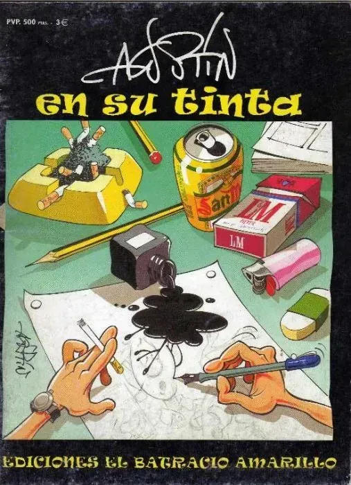 Portada del libro con materiales de arte sobre una mesa verde y título en español “Axtin en su tinta” de Batracio Amarillo